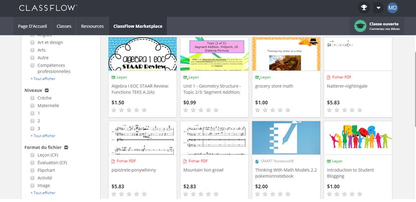 Exemple de ressources payantes sur ClassFlow