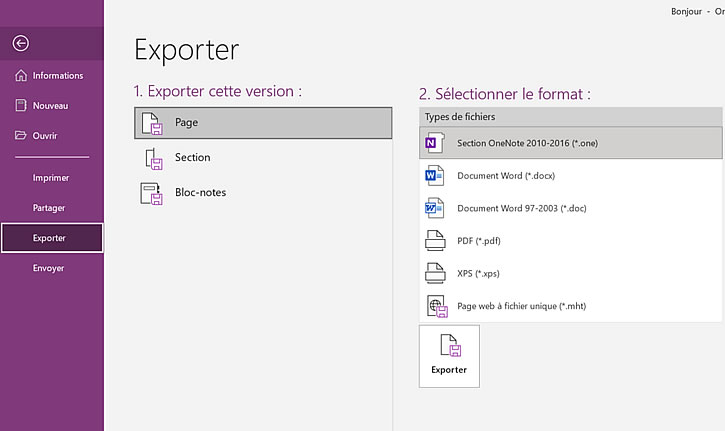 export Note sur One Note