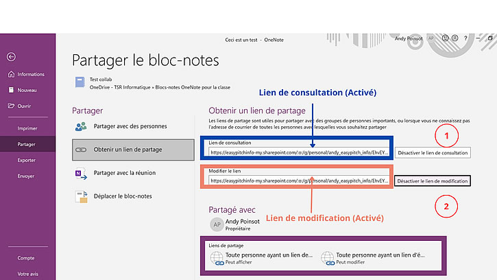 partage note par lien One Note