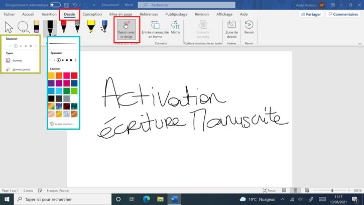 activer écriture manuscrite Word