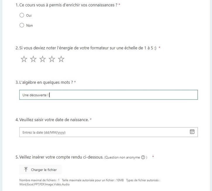 Type de questio d'un formulaire sur Forms