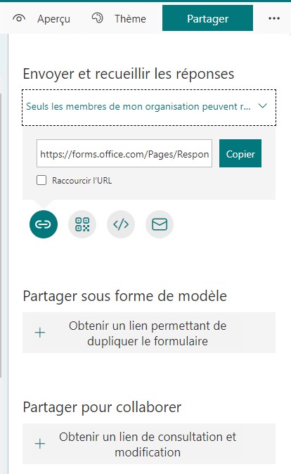 Aperçu type de partage sur Forms