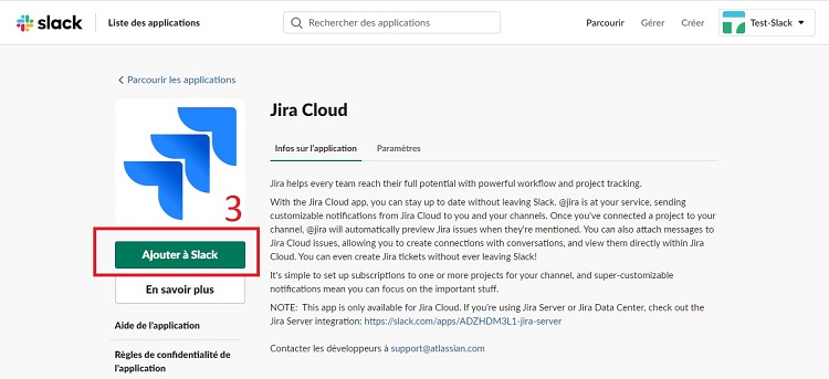 Étape intégration JIRA dans Slack