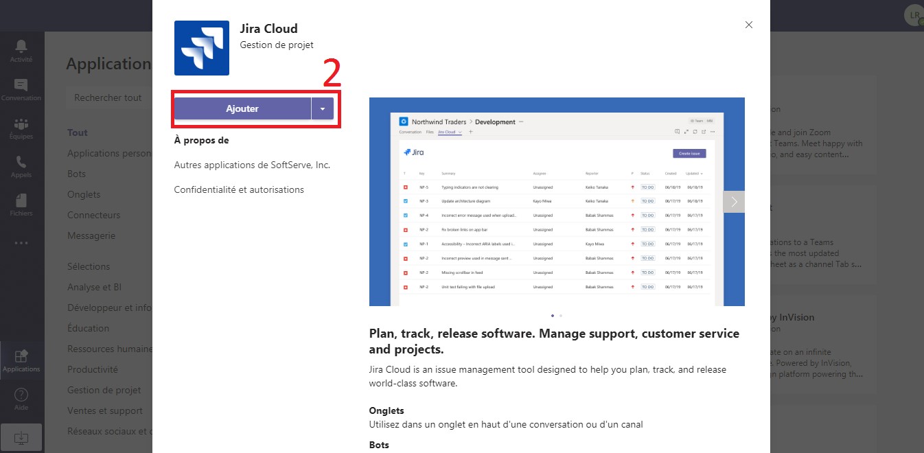 implementation JIRA dans Teams