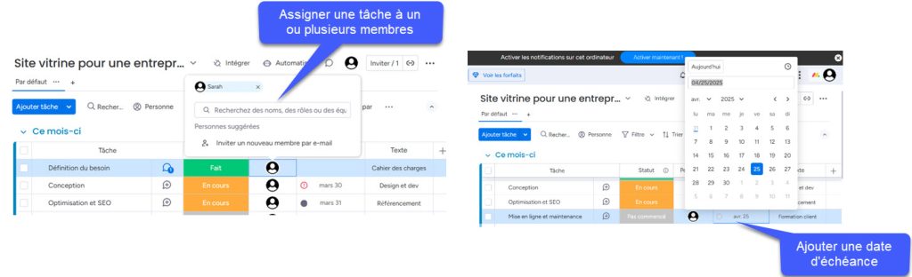 Assignation tâche et définition d’échéance sur Monday