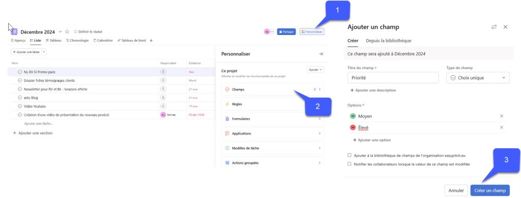 Créer un champ sur Asana