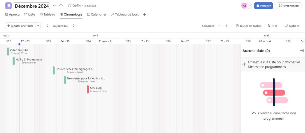 Suivi des tâches à partir de la vue Chronologie sur Asana