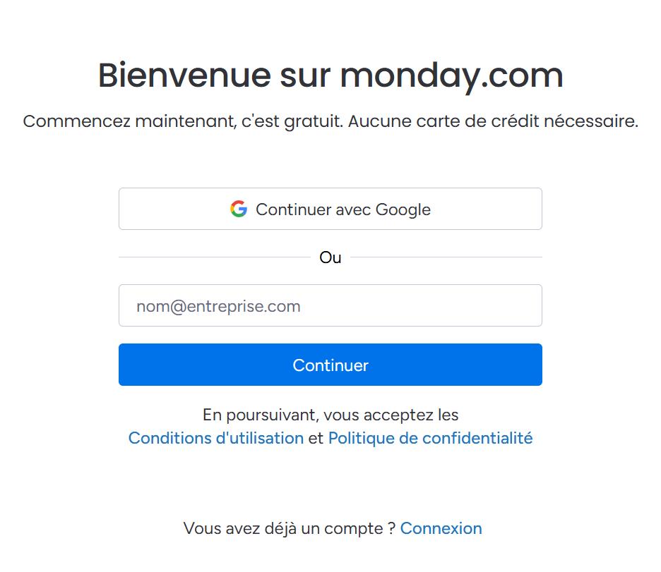 Connexion ou création de compte sur Monday