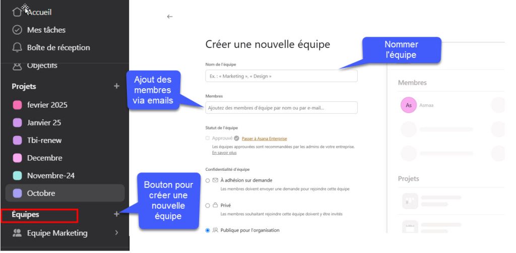 Créer une équipe de collaborateurs sur Asana