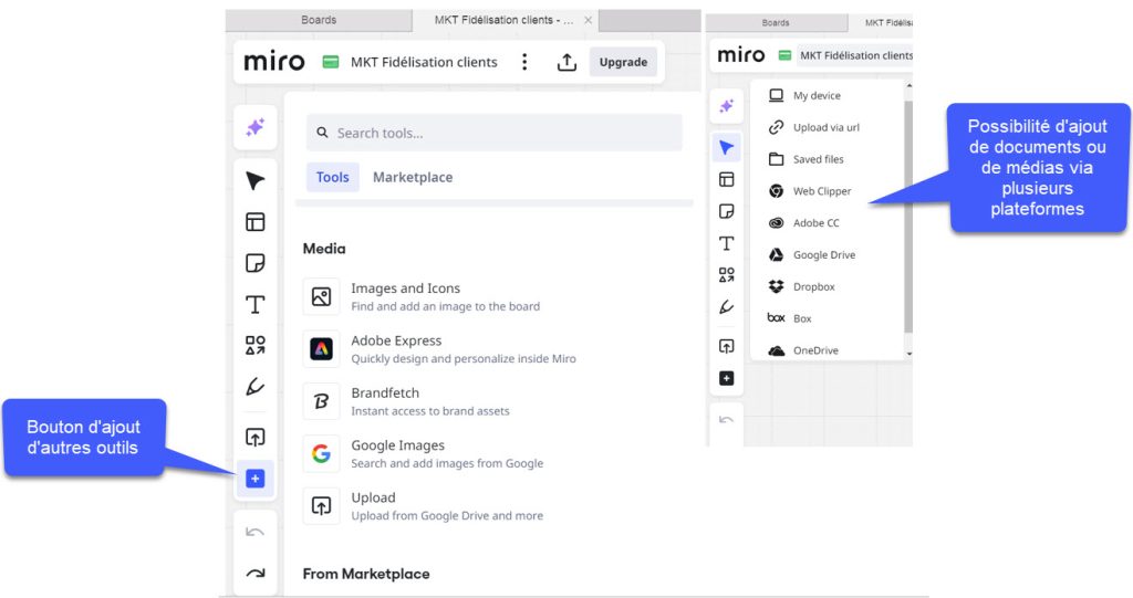 D’autres outils pour ajouter des documents ou des médias sur Miro