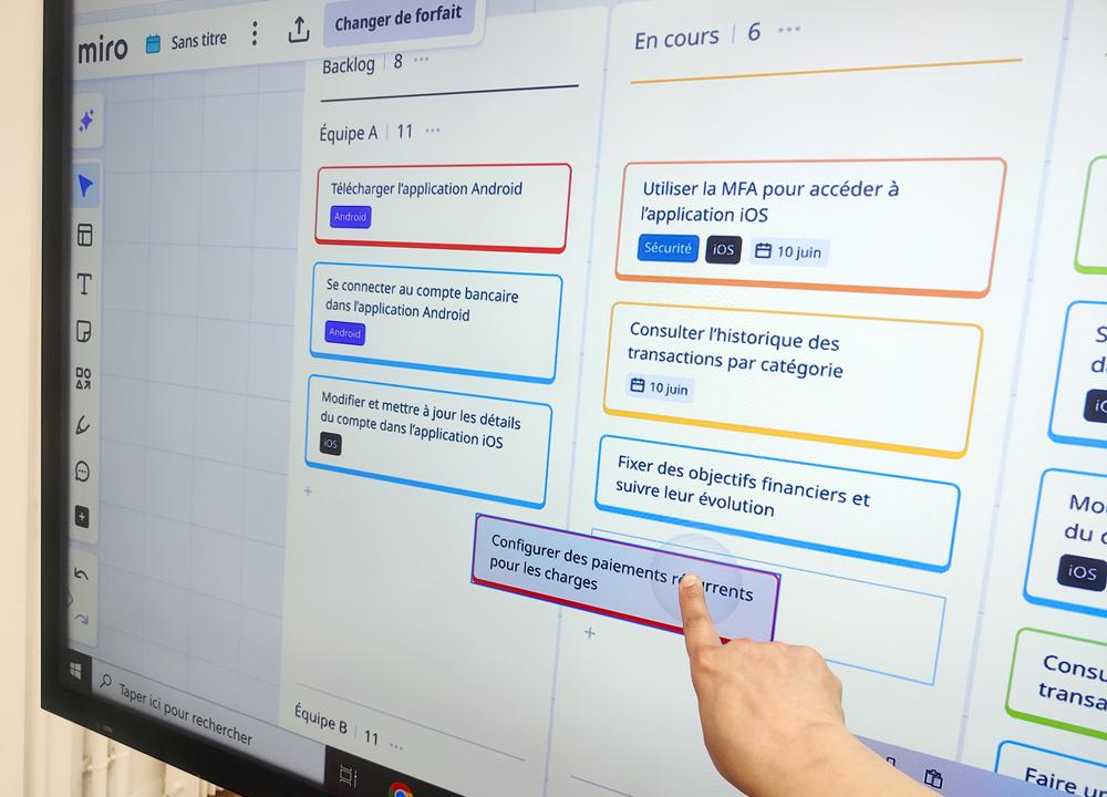 L’ergonomie du tableau Kanban de Miro permet de manipuler et le modifier de façon intuitive sur l’écran interactif tactile
