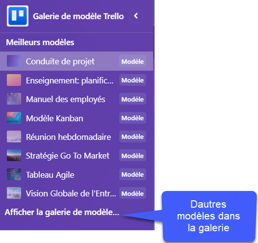 Plusieurs choix de modèles de tableaux dans la galerie de modèle de Trello