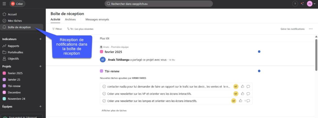 Réception de notifications et messages dans la boîte de réception