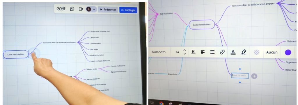 Personnalisation d’une carte mentale Miro sur écran interactif, il suffit d’appuyer sur l’étiquette centrale pour afficher les outils de personnalisation et ajouter des éléments à la caret mentale