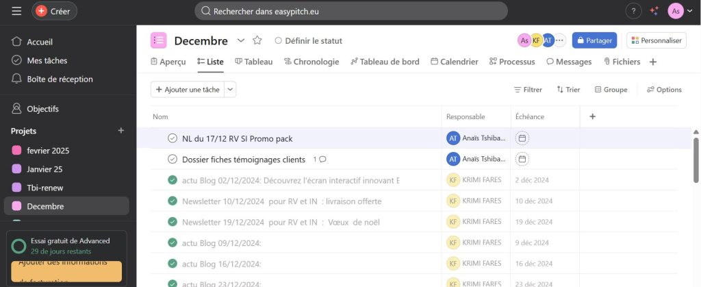 projet sur Asana