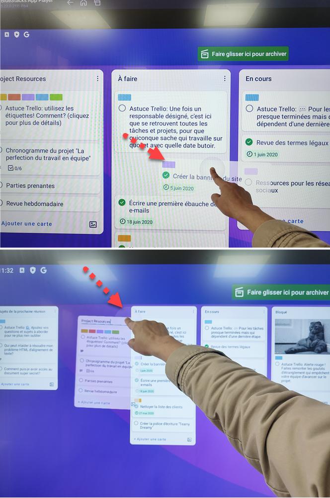 Gestes tactiles avec un toucher de doigt pour déplacer les listes et les cartes de Trello sur écran interactif