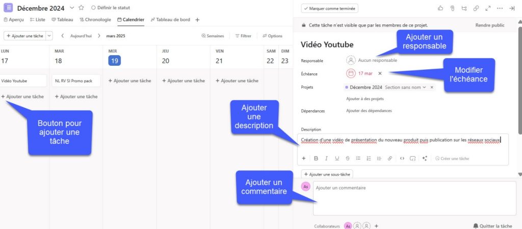 Ajouter une nouvelle tâche depuis la vue Calendrier sur Asana