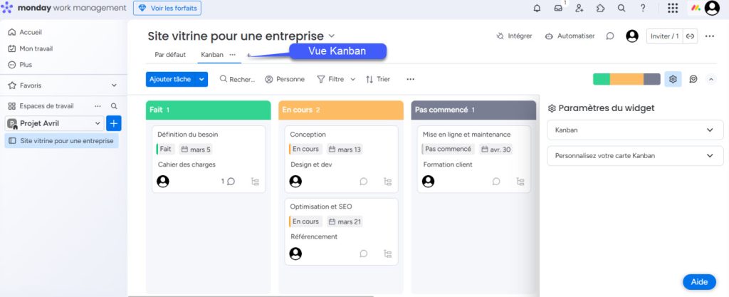 Vue Kanban sur Monday